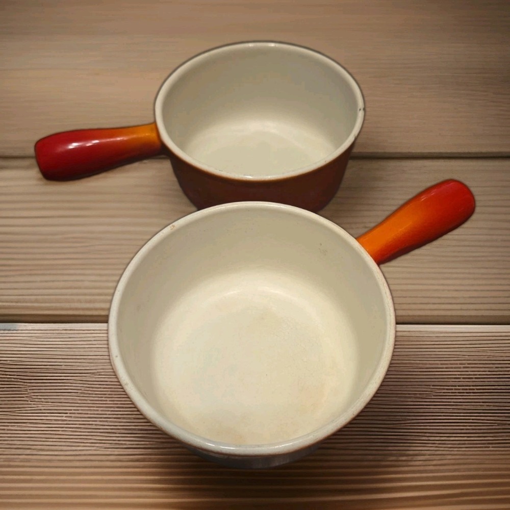 Vintage Set of 2 Descoware Belgium 14 Orange Flame Cast Iron Sauce Pot Pan